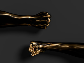 Black and gold metal abstract fist movement, boxing and battle concept, 3d illustration