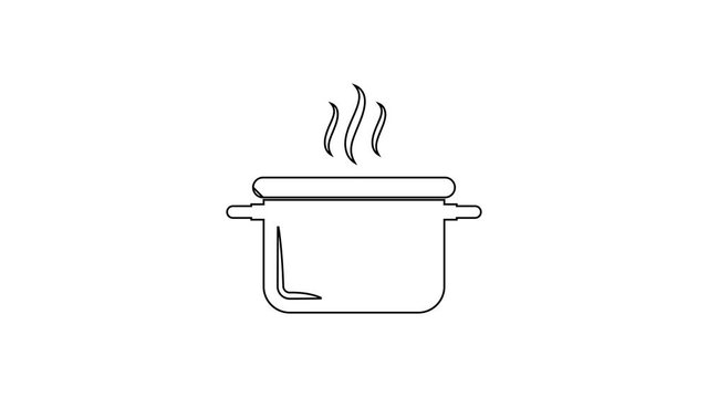 Black Cooking pot line icon on white background. Boil or stew food symbol. 4K Video motion graphic animation