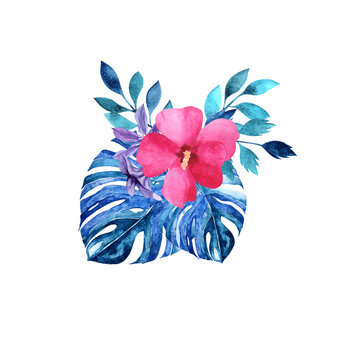 Set of watercolor hand painted tropical flowers, leaves and plants. Bright jungle eotic bouquet perfect for winter wedding invitation and party card making.