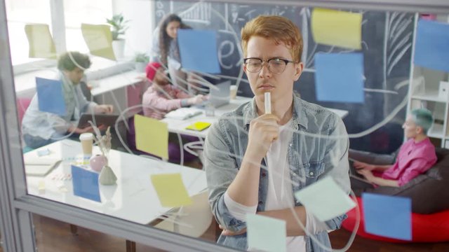 Waist-up shot of geeky red-haired Caucasian man in glasses standing near glass wall in creative office, looking at mind map with sticky notes and arrows, frowning and thinking, and colleagues working