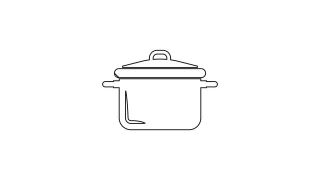 Black Cooking pot line icon on white background. Boil or stew food symbol. 4K Video motion graphic animation