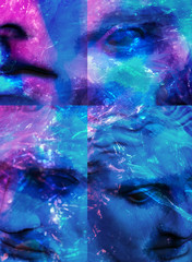 Modern conceptual art poster with ancient statue of bust under a cellophane film. Collage of contemporary art.