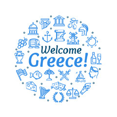 Fototapeta na wymiar Greece Signs Round Design Template Thin Line Icon Concept. Vector