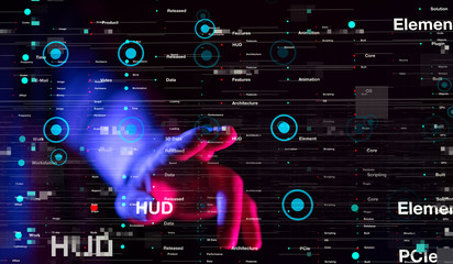 Businessman pressing document icon over computer binary code