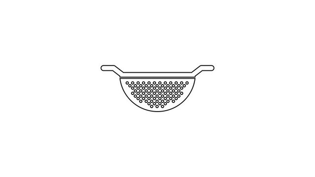 Black Kitchen colander line icon on white background. Cooking utensil. Cutlery . 4K Video motion graphic animation