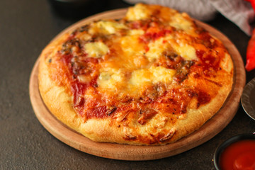 pizza, tomato sauce, cheese (menu). top food background. copy space