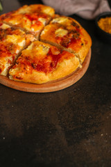pizza, tomato sauce, cheese (menu). top food background. copy space