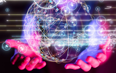 touching global network and data exchanges over the world 3D rendering