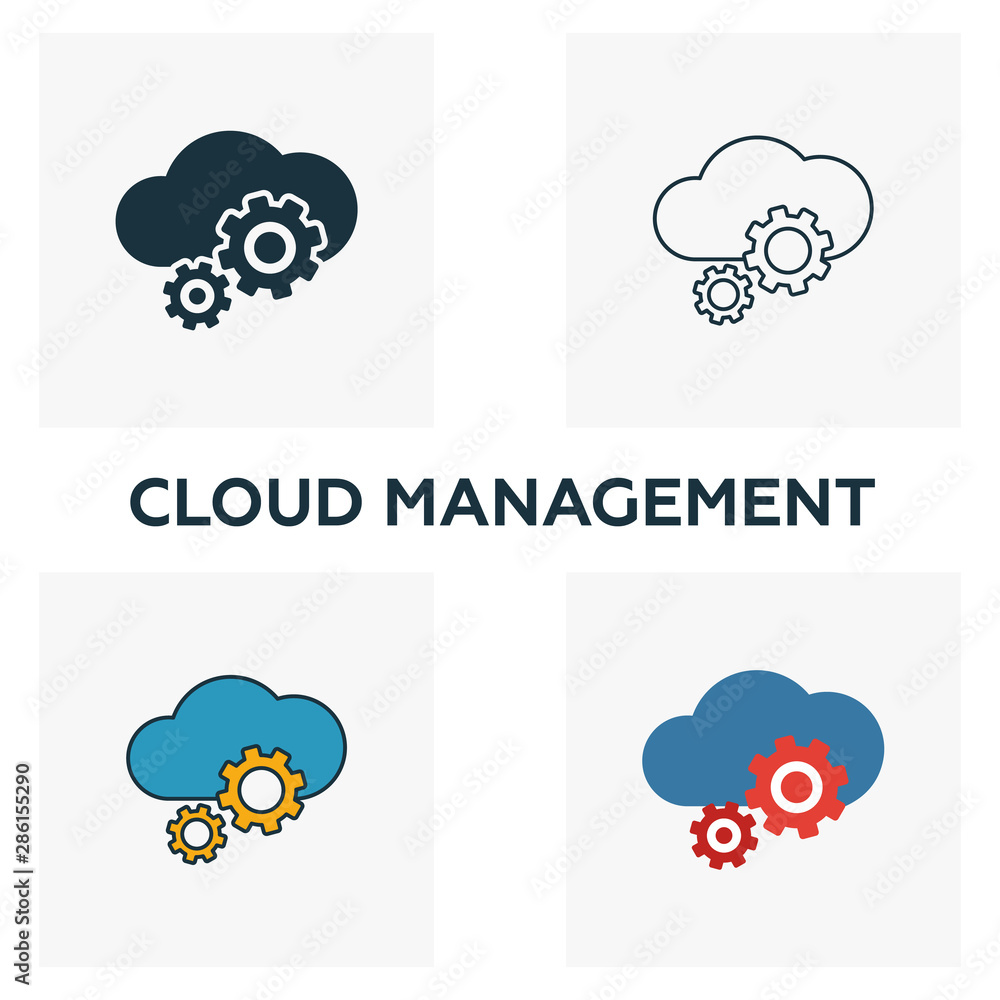 Poster cloud management icon set. four elements in diferent styles from big data icons collection. creative
