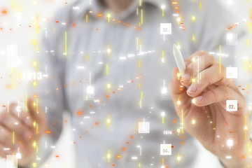 Businessman pressing document icon over computer binary code
