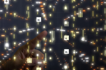 Businessman pressing document icon over computer binary code