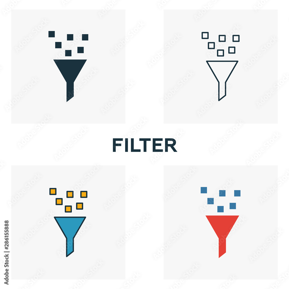 Poster filter icon set. four elements in diferent styles from big data icons collection. creative filter ic