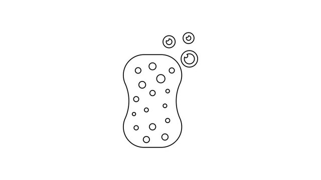 Black Sponge with bubbles line icon on white background. Wisp of bast for washing dishes. Cleaning service logo. 4K Video motion graphic animation