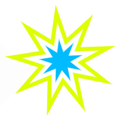 Blank word speech bubble isolated on white background. Yellow blue abstract starburst