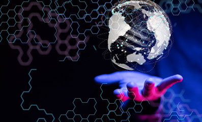 touching global network and data exchanges over the world 3D rendering