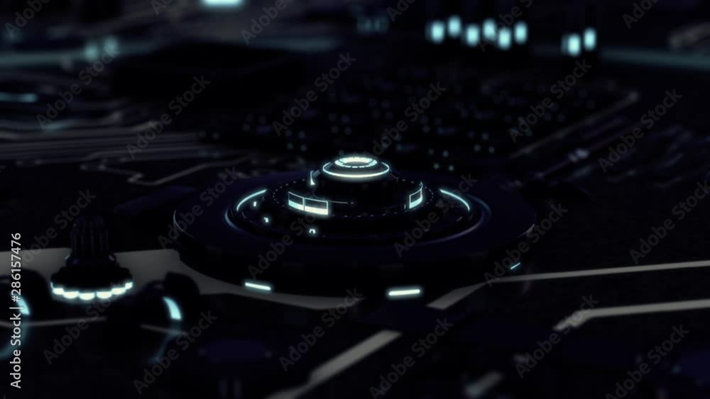 Poster abstract animation of 3d electronic device, rotating chrome black circles and illuminating neon ring