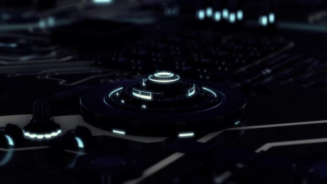 Abstract animation of 3d electronic device, rotating chrome black circles and illuminating neon rings on the system board. Animation. Futuristic technology concepts