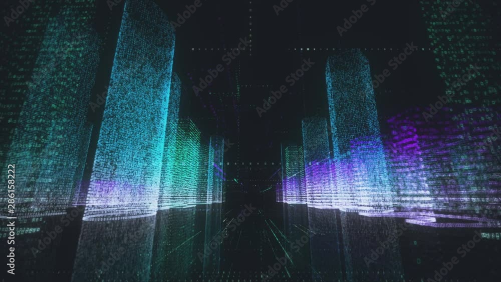 Poster moving through the bright red and white colored model of abstract digital city contained of random n