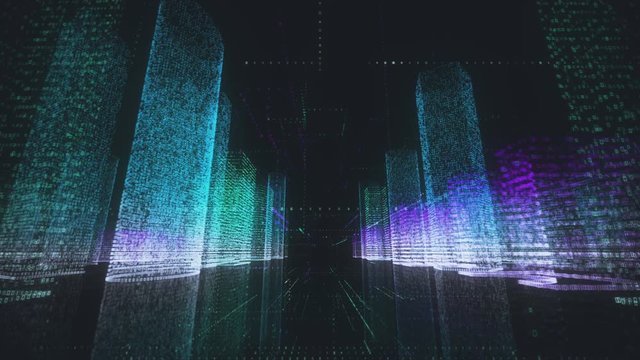 Moving through the bright red and white colored model of abstract digital city contained of random numbers and symbols on black background. Business, communications or tech concept. 3d rendering 4k