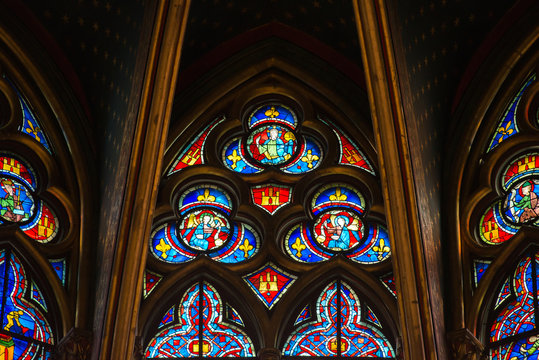  Stained glass window in Poissy collegiate church, Paris, France