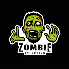 Cartoon green zombie, outbreak infection, emblem on a dark background. Vector illustration.