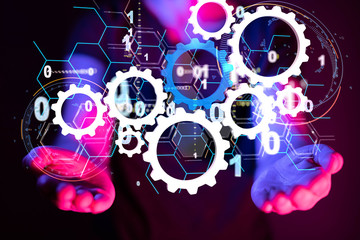 Industry 4.0 concept -  Robot arm in smart factory background.