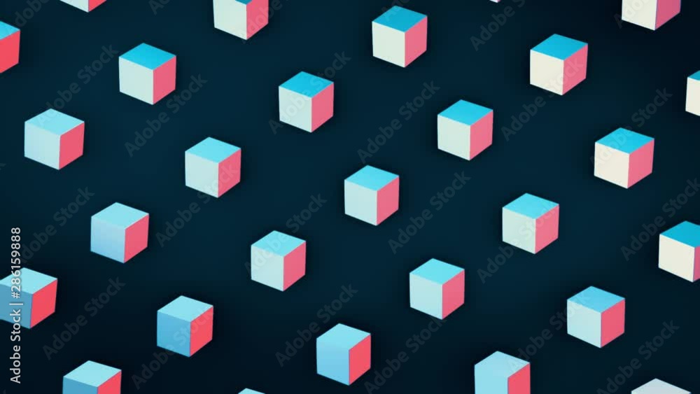 Poster Animation of 3d rendering of white geometric shapes. Colorful cartoon background with large number of small 3d cubes. Animation. Computer generated loop animation.