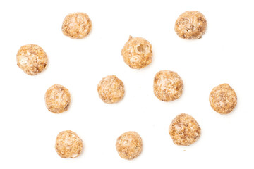 Lot of whole chocolate ball breakfast cereals flatlay isolated on white background