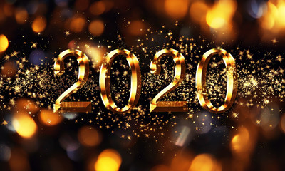 Golden black Christmas or New Year background, inscription 2020 with glitter, snowflakes, stars,...