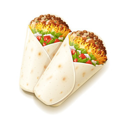 Burrito. Mexican National Traditional Food. Burritos with Cheese, Tomato, Stuffing, Tortilla. Isolated on White Background. Corn wrap, salad leaves, tomatoes, cheese and chicken. Vector illustration.