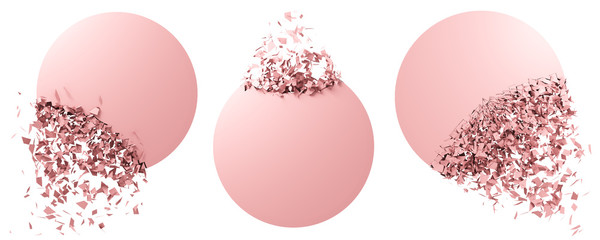 Imitation of powder, eye shadow, blush - 3D, render.Exploding pastel pink balloon on white background - isolated. Abstract shape with particles for design, cosmetics advertising - template,banner.