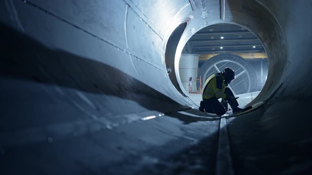 Professional Heavy Industry Welder Working Inside Pipe, Wears Helmet and Starts Welding. Construction of the Oil, Natural Gas and Fuels Transport Pipeline. Industrial Manufacturing Factory Slow Motion