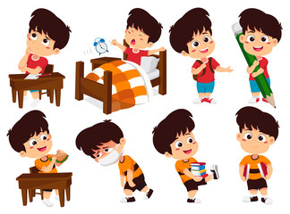Set of kid activity,kid think,wake up,holding a big pencil,eat sandwich,sick,holding a book. Vector and illustration.