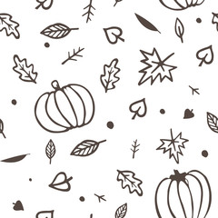 Autumn seamless pattern yellow and green fall leaves and pumpkins. Vector ornament isolated on white background.