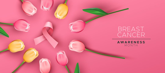 Breast cancer awareness banner pink tulip ribbon