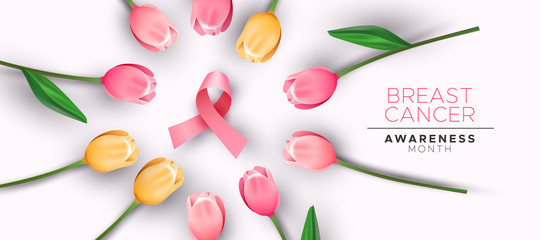 Breast cancer awareness banner pink tulip ribbon