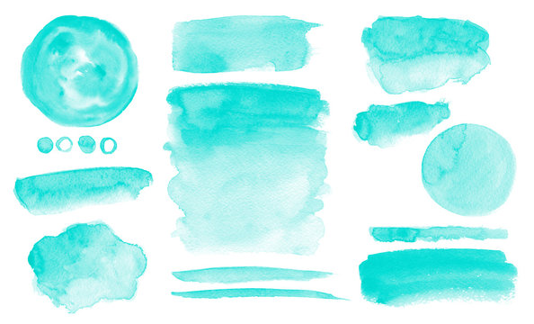 Turquoise watercolor stains Blue washes set Brush paint strokes kit Invitation card design