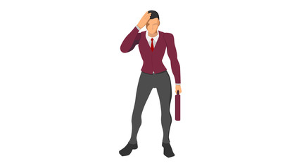 characters wearing suits stand holding their heads. body gestures indicate discrepancies, errors and bankruptcies.