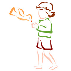 little boy feeds a bird with hands