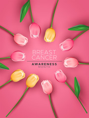 Obraz na płótnie Canvas Breast cancer awareness card pink 3d tulip flower