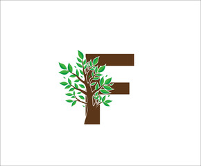 Abstract F Logo Letter Made From Brown Tree Branches with green leaves. Tree Letter Design with Minimalist Creative Style.