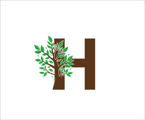 Abstract H Logo Letter Made From Brown Tree Branches with green leaves. Tree Letter Design with Minimalist Creative Style.