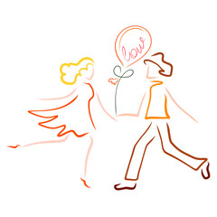 Lovers man and woman are in a hurry to meet each other, a gift balloon