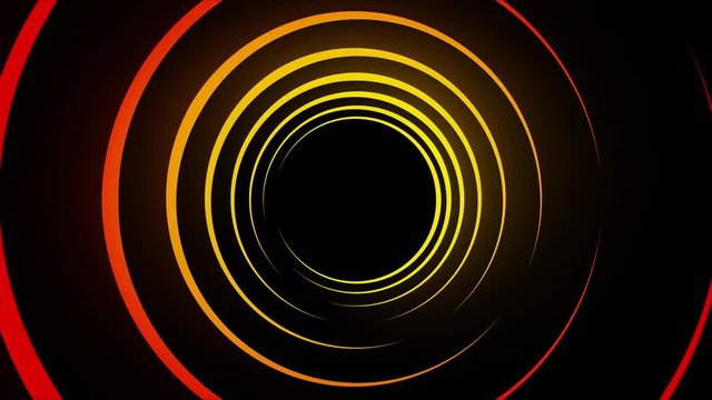 Colored spiral lines on black background. Animation. Abstract hypnotic lines glow and spin in black space. Bright lines radiate warm light and slowly twist into spirals on black background