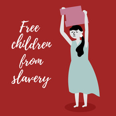 The girl carries heavy stones on her head. The slave trade of children. Child abuse. Editable vector illustration