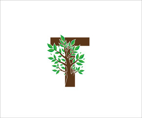Abstract T Logo Letter Made From Brown Tree Branches with green leaves. Tree Letter Design with Minimalist Creative Style.