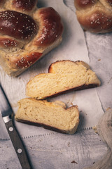 Braided freshly baked sweet challah bread 