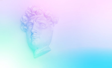 Ancient sculpture Gypsum copy. Trendy Multi color toned. greece face man bas-relief. Modern conceptual art poster. copy space