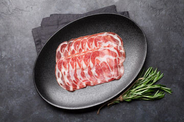 Spanish jamon, prosciutto crudo ham, italian salami