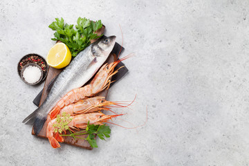 Fresh seafood. Trout fish and langostino shrimps